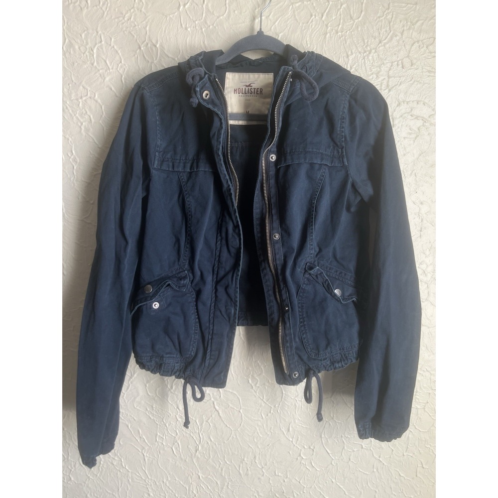 Women Junior Hollister Vintage Jacket Cotton Utility Military Zip Y2K Sz M Navy